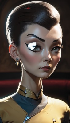 1girl,solo,looking at viewer,short hair,blue eyes,black hair,jewelry,closed mouth,upper body,earrings,lips,grey eyes,eyelashes,makeup,lipstick,gem,portrait,forehead,realistic,nose,red lips,eyeliner,very short hair,blush,brown hair,green eyes,uniform,piercing,eyeshadow,mascara