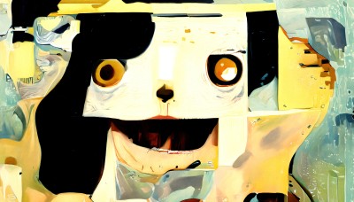 HQ,1girl,solo,looking at viewer,smile,open mouth,black hair,yellow eyes,teeth,water,orange eyes,blood,mask,close-up,reflection,rain,horror (theme),portrait,abstract