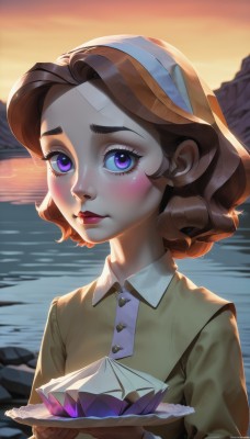 1girl,solo,looking at viewer,blush,short hair,blue eyes,brown hair,shirt,long sleeves,holding,closed mouth,purple eyes,upper body,outdoors,sky,collared shirt,artist name,water,lips,eyelashes,makeup,buttons,ocean,lipstick,gem,backlighting,freckles,sunset,yellow shirt,crystal,rock,red lips,signature,watermark,bandaid,web address,plate,origami