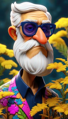 solo,looking at viewer,blue eyes,shirt,1boy,closed mouth,upper body,flower,white hair,male focus,glasses,collared shirt,blurry,blurry background,facial hair,floral print,sunglasses,thick eyebrows,portrait,beard,yellow flower,mustache,print shirt,tinted eyewear,old,old man,hawaiian shirt,artist name,depth of field,blue shirt,web address,purple shirt