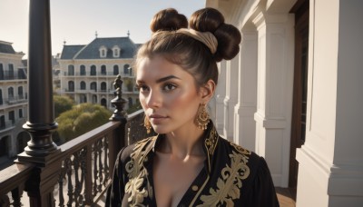 1girl,solo,breasts,looking at viewer,brown hair,black hair,dress,cleavage,brown eyes,jewelry,medium breasts,closed mouth,collarbone,upper body,earrings,outdoors,day,hair bun,black eyes,black dress,lips,double bun,single hair bun,building,scenery,realistic,nose,railing,architecture,balcony,tree,window,sunlight