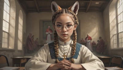 1girl,solo,long hair,looking at viewer,blue eyes,brown hair,long sleeves,animal ears,jewelry,sitting,closed mouth,upper body,braid,multiple boys,glasses,solo focus,day,indoors,cat ears,necklace,black eyes,twin braids,lips,window,chair,table,sunlight,own hands together,cross,interlocked fingers,forehead,desk,6+boys,robe,round eyewear,own hands clasped,cross necklace,church,priest,black hair,dress,brown eyes,wide sleeves,fingernails,animal ear fluff,book,hair over shoulder,extra ears,freckles,realistic,nose,red lips,multiple others