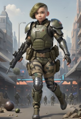 1girl,looking at viewer,short hair,blonde hair,gloves,holding,brown eyes,full body,weapon,boots,outdoors,multiple boys,sky,solo focus,day,black gloves,pants,cloud,fingerless gloves,holding weapon,armor,uniform,lips,gun,military,bodysuit,military uniform,shoulder armor,building,holding gun,rifle,handgun,ball,walking,science fiction,6+boys,pauldrons,running,pouch,breastplate,city,realistic,assault rifle,holster,knee pads,trigger discipline,shoulder pads,camouflage,submachine gun,lamppost,explosive,elbow pads,grenade,shell casing,soldier,bullpup,thigh pouch,load bearing vest,bulletproof vest,camouflage pants,body armor,solo,blue eyes