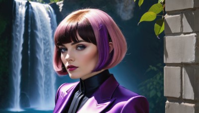 1girl,solo,looking at viewer,short hair,bangs,blue eyes,brown hair,hair ornament,closed mouth,jacket,upper body,pink hair,purple hair,multicolored hair,outdoors,hairclip,blunt bangs,water,two-tone hair,lips,eyelashes,makeup,leaf,bob cut,plant,lipstick,portrait,eyeshadow,nose,purple jacket,purple lips,waterfall,artist name,turtleneck,realistic