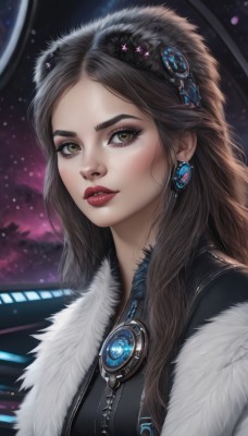 1girl,solo,long hair,looking at viewer,brown hair,hair ornament,brown eyes,jewelry,upper body,earrings,parted lips,artist name,lips,fur trim,eyelashes,makeup,lipstick,gem,portrait,star (sky),eyeshadow,freckles,realistic,nose,red lips,space,black hair,yellow eyes,forehead