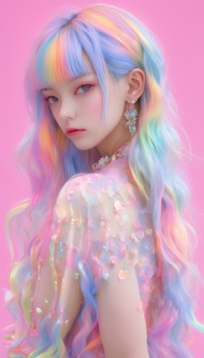 1girl,solo,long hair,looking at viewer,bangs,blue eyes,blonde hair,simple background,dress,jewelry,closed mouth,blue hair,upper body,pink hair,short sleeves,multicolored hair,earrings,looking back,blunt bangs,necklace,from side,two-tone hair,lips,streaked hair,see-through,grey eyes,eyelashes,makeup,wavy hair,pink background,lipstick,eyeshadow,realistic,nose,rainbow hair,breasts,bare shoulders,colorful