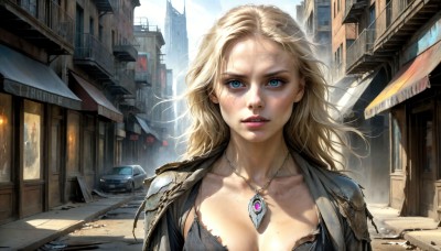 HQ,1girl,solo,long hair,breasts,looking at viewer,blue eyes,blonde hair,large breasts,cleavage,jewelry,medium breasts,underwear,collarbone,jacket,upper body,outdoors,parted lips,teeth,day,necklace,bra,armor,mole,lips,sunlight,ground vehicle,black bra,wind,building,motor vehicle,pendant,freckles,city,realistic,nose,car,road,street,sky,torn clothes,makeup,scenery,veins,dirty,mascara,pavement