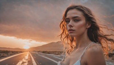 1girl,solo,long hair,breasts,looking at viewer,blue eyes,brown hair,black hair,dress,cleavage,bare shoulders,brown eyes,upper body,multicolored hair,outdoors,parted lips,sky,cloud,dark skin,white dress,mole,blurry,dark-skinned female,lips,ocean,wavy hair,cloudy sky,freckles,curly hair,sunset,mountain,realistic,nose,watercraft,boat,medium breasts,collarbone,sunlight,wind,portrait