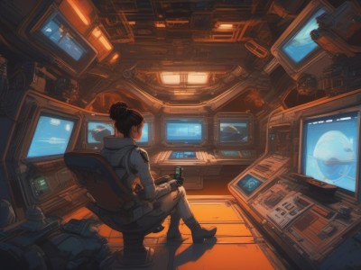 1girl,solo,black hair,gloves,holding,sitting,boots,indoors,hood,hair bun,from behind,cup,window,bodysuit,chair,single hair bun,holding cup,science fiction,mug,controller,cable,space,computer,monitor,planet,keyboard (computer),spacecraft,spacesuit,cockpit,screen,short hair,hood down,robot,scenery,realistic,television,game controller,playing games,game console,earth (planet),holding controller,video game,space helmet,astronaut