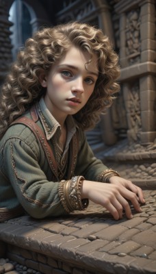 1girl,solo,long hair,looking at viewer,blonde hair,brown hair,shirt,long sleeves,brown eyes,jewelry,upper body,earrings,parted lips,blurry,vest,bracelet,lips,grey eyes,blurry background,wavy hair,freckles,curly hair,realistic,nose,green shirt,blue eyes,teeth,eyelashes,stone floor