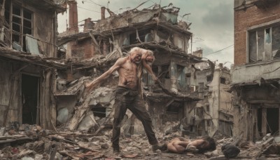 1girl,breasts,short hair,black hair,1boy,navel,underwear,standing,panties,weapon,outdoors,lying,multiple boys,sky,pants,torn clothes,blood,muscular,abs,building,topless male,injury,city,realistic,ruins,damaged,death,destruction,rubble,blonde hair,white hair,nude,barefoot,scenery,power lines,debris