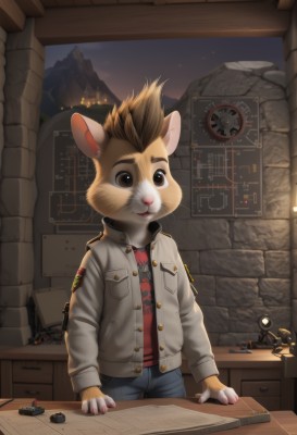 solo,brown hair,1boy,brown eyes,jacket,male focus,pants,indoors,night,denim,furry,desk,clock,furry male,male child,mouse,open mouth,shirt,animal ears,sky,no humans,window,robot,red shirt,star (sky),night sky,science fiction,jeans,mountain,lamp,map,drawer