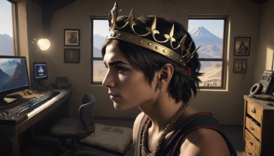 1girl,solo,short hair,black hair,1boy,jewelry,upper body,male focus,earrings,parted lips,indoors,necklace,mole,black eyes,from side,lips,window,profile,chair,tank top,crown,instrument,desk,freckles,mountain,realistic,nose,lamp,computer,photo (object),bedroom,monitor,keyboard (computer),portrait