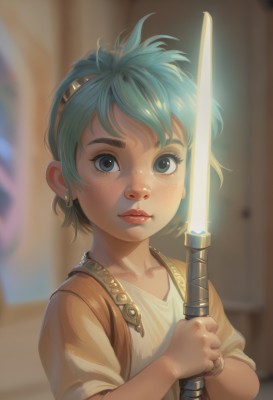 1girl,solo,looking at viewer,short hair,blue eyes,holding,jewelry,closed mouth,blue hair,upper body,weapon,hairband,earrings,green hair,sword,holding weapon,blurry,black eyes,bracelet,lips,grey eyes,aqua hair,blurry background,glowing,holding sword,ring,freckles,realistic,nose,fantasy,glowing weapon,energy sword,lightsaber,shirt,collarbone,artist name,eyelashes,depth of field,goggles,goggles on head