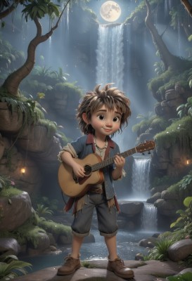 solo,smile,short hair,brown hair,shirt,1boy,brown eyes,jewelry,standing,jacket,full body,male focus,outdoors,open clothes,sky,shoes,shorts,belt,pants,water,necklace,tree,night,leaf,brown footwear,moon,plant,denim,messy hair,instrument,child,nature,full moon,sleeves rolled up,forest,rock,fantasy,music,guitar,male child,playing instrument,holding instrument,waterfall,cliff,moss,stream,acoustic guitar,1girl,flower,torn clothes,night sky,lantern