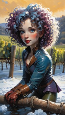 1girl,solo,breasts,looking at viewer,blush,smile,short hair,blue eyes,gloves,long sleeves,cleavage,jewelry,medium breasts,sitting,closed mouth,blue hair,purple hair,earrings,small breasts,boots,outdoors,parted lips,sky,belt,pants,artist name,water,necklace,blurry,tree,lips,wet,eyelashes,makeup,black pants,lipstick,messy hair,snow,buckle,brown gloves,freckles,curly hair,nose,fence,red lips,leather,big hair,leather gloves,wooden fence,leather boots,leather pants,jacket,multicolored hair,blue jacket,leather jacket