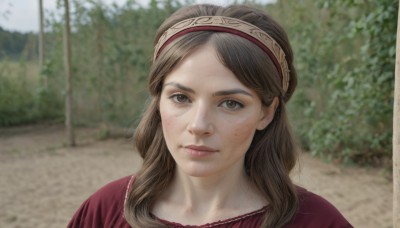 1girl,solo,long hair,looking at viewer,brown hair,brown eyes,closed mouth,hairband,outdoors,day,blurry,tree,lips,depth of field,blurry background,portrait,freckles,realistic,nose,road,bangs,jewelry,earrings,parted bangs