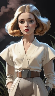 1girl,solo,looking at viewer,short hair,blonde hair,brown hair,shirt,long sleeves,brown eyes,closed mouth,standing,white shirt,cowboy shot,outdoors,parted lips,belt,pants,medium hair,lips,makeup,grass,lipstick,smoke,belt buckle,white pants,nose,hands in pockets,red lips,brown belt,realistic