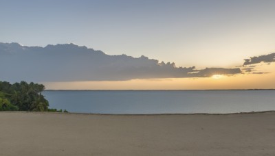 outdoors,sky,cloud,water,tree,blue sky,no humans,ocean,beach,sunlight,nature,scenery,sunset,sand,sun,horizon,landscape,gradient sky,shore,orange sky,cloudy sky,forest