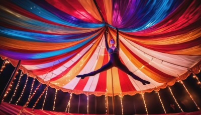 solo,smile,short hair,1boy,purple hair,male focus,bodysuit,curtains,floating,dancing,1girl,breasts,looking at viewer,full body,arms up,see-through,outstretched arms,skin tight,androgynous,1other,surreal