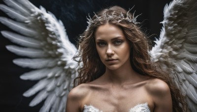 1girl,solo,long hair,looking at viewer,simple background,brown hair,bare shoulders,brown eyes,collarbone,upper body,wings,lips,tiara,crown,black background,feathered wings,angel wings,realistic,white wings,angel,breasts,cleavage,grey eyes,feathers,freckles