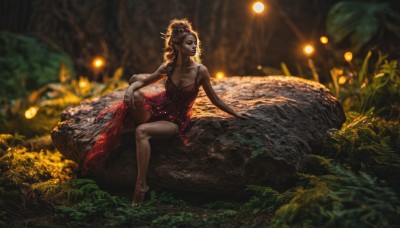 1girl,solo,long hair,breasts,smile,open mouth,blonde hair,red eyes,dress,cleavage,bare shoulders,jewelry,sitting,collarbone,small breasts,outdoors,barefoot,teeth,sleeveless,pointy ears,blurry,tree,lips,bare legs,depth of field,blurry background,glowing,red dress,plant,monster girl,nature,forest,dirty,dirty feet,short hair,hair ornament,nail polish,makeup,arm support,leaf,looking up,lipstick,curly hair,rock,realistic,mushroom