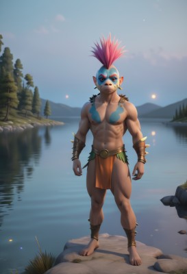 solo,looking at viewer,1boy,navel,jewelry,nipples,standing,full body,pink hair,male focus,thighs,red hair,outdoors,sky,barefoot,pointy ears,artist name,water,necklace,stomach,bracelet,tree,tattoo,mask,muscular,night,thick thighs,abs,pectorals,muscular male,bara,pelvic curtain,reflection,topless male,rock,anklet,loincloth,lake,mohawk,red eyes,colored skin,grass,nature,mountain,blue skin,bracer,facepaint,river,pond,tribal,ankle wrap