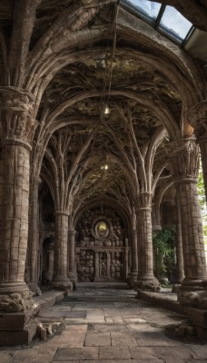 outdoors,sky,day,cloud,indoors,tree,blue sky,no humans,window,sunlight,plant,scenery,stairs,clock,potted plant,architecture,tile floor,ruins,pillar,gears,statue,church,arch,column,building,fantasy,door,vines,ceiling,chandelier,overgrown,stone floor,stone wall,vanishing point