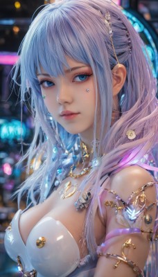 1girl,solo,long hair,breasts,looking at viewer,bangs,blue eyes,large breasts,hair ornament,dress,cleavage,bare shoulders,jewelry,medium breasts,closed mouth,blue hair,upper body,grey hair,necklace,blurry,lips,eyelashes,makeup,depth of field,blurry background,facial mark,crown,gem,armlet,realistic,nose,blue gemstone,mascara,flower,sidelocks,earrings,artist name,white dress,see-through,half updo,bokeh