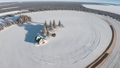 outdoors,day,water,tree,no humans,building,nature,scenery,motor vehicle,snow,forest,mountain,car,road,watercraft,river,boat,landscape,lake,sky,cloud,ocean,ground vehicle,house,winter,footprints,pine tree