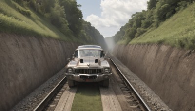 outdoors,sky,day,cloud,tree,blue sky,no humans,grass,ground vehicle,nature,scenery,motor vehicle,forest,car,road,vehicle focus,railroad tracks,cloudy sky,field,landscape,train