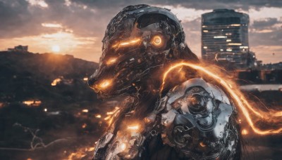 solo,1boy,upper body,outdoors,sky,cloud,orange eyes,no humans,glowing,cloudy sky,fire,robot,building,scenery,mecha,glowing eyes,1other,smoke,science fiction,mountain,city,sun,armor,blurry,from side,helmet,sunset,realistic,sparks