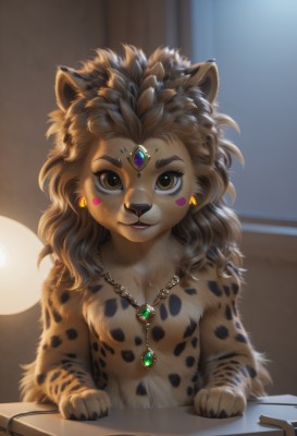 1girl,solo,long hair,looking at viewer,smile,brown hair,animal ears,brown eyes,jewelry,sitting,upper body,earrings,parted lips,artist name,indoors,necklace,blurry,blurry background,animal,blush stickers,table,messy hair,gem,furry,freckles,circlet,furry female,body fur,straight-on,animal nose,snout,brown fur,yellow eyes,lips,window,watermark,lamp,leopard print