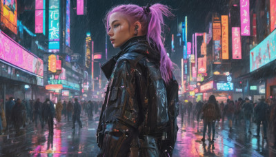 1girl, long hair, looking at viewer, blue eyes, jewelry, jacket, ponytail, pink hair, earrings, outdoors, solo focus, night, ear piercing, science fiction, rain, city, sign, realistic, crowd, cyberpunk, neon lights