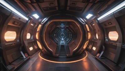 indoors,no humans,scenery,reflection,science fiction,wooden floor,light,cockpit,solo,signature,window,robot,mecha,machinery,realistic,cable,space,spacecraft,spacesuit