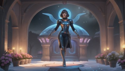 1girl,solo,breasts,smile,short hair,black hair,medium breasts,standing,full body,closed eyes,flower,wings,sky,armor,lips,bodysuit,night,glowing,halo,plant,star (sky),facing viewer,floating,starry sky,walking,science fiction,potted plant,looking at viewer,brown hair,outdoors,tree,shoulder armor,skin tight,flower pot