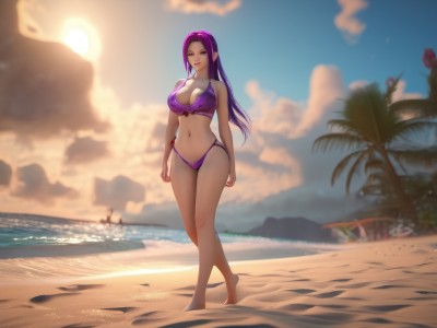 1girl,solo,long hair,breasts,looking at viewer,smile,blue eyes,large breasts,navel,cleavage,bare shoulders,standing,purple eyes,swimsuit,full body,purple hair,flower,bikini,outdoors,parted lips,sky,barefoot,day,pointy ears,cloud,water,blurry,tree,lips,bare legs,blurry background,ocean,beach,walking,sunset,sand,palm tree,arms at sides,sun,purple bikini,ponytail,highleg,highleg bikini,shore