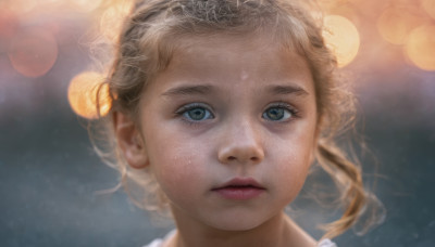 1girl, solo, looking at viewer, short hair, blue eyes, blonde hair, blurry, lips, eyelashes, depth of field, blurry background, portrait, freckles, realistic, bokeh