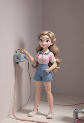 1girl,solo,long hair,breasts,smile,blue eyes,brown hair,shirt,closed mouth,standing,full body,short sleeves,small breasts,shoes,shorts,collared shirt,black eyes,lips,loli,short shorts,buttons,suspenders,denim,sneakers,child,blue shorts,denim shorts,pink shirt,hand in pocket,pink footwear,female child,cable,suspender shorts,high-waist shorts,looking at viewer,indoors,legs,shadow,white footwear