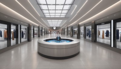 jacket,indoors,water,no humans,window,scenery,reflection,door,clock,tiles,tile floor,tile wall,ceiling,sink,ceiling light,reflective floor,washing machine,wooden floor,locker