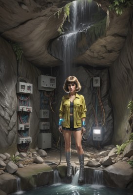 1girl,solo,breasts,looking at viewer,short hair,brown hair,cleavage,brown eyes,medium breasts,standing,jacket,boots,open clothes,shorts,socks,midriff,fingerless gloves,water,black footwear,open jacket,lips,kneehighs,short shorts,black shorts,plant,scenery,science fiction,rock,cable,yellow jacket,cyborg,waterfall,bangs,blue eyes,shirt,long sleeves,navel,jewelry,collarbone,full body,small breasts,leaf,bob cut,knee boots,realistic,nose,ruins,grey footwear,moss,industrial pipe,machine