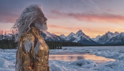 solo,long hair,1boy,closed mouth,upper body,white hair,grey hair,male focus,outdoors,sky,cloud,water,armor,from side,tree,profile,facial hair,shoulder armor,nature,scenery,beard,snow,forest,pauldrons,sunset,breastplate,mountain,fantasy,looking afar,old,old man,river,mountainous horizon,lake,signature,winter,twilight,gradient sky,orange sky,purple sky