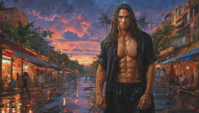 long hair,looking at viewer,shirt,black hair,1boy,navel,jewelry,standing,male focus,outdoors,multiple boys,open clothes,sky,solo focus,cloud,dark skin,water,necklace,bracelet,tree,wet,dutch angle,open shirt,muscular,chair,abs,cloudy sky,pectorals,muscular male,building,scenery,reflection,6+boys,sunset,city,realistic,palm tree,pool,male swimwear,evening,people,brown hair,closed mouth,cowboy shot,shorts,pants,stomach,black shirt,facial hair,black pants,plant,wristband,beard,pendant,walking,veins,watch,wristwatch,wet hair,bare pectorals,lamppost,twilight,crowd