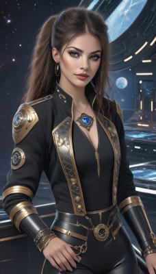 1girl,solo,long hair,breasts,looking at viewer,brown hair,long sleeves,cleavage,brown eyes,jewelry,medium breasts,closed mouth,standing,jacket,ponytail,cowboy shot,earrings,open clothes,sky,belt,pants,signature,necklace,lips,black jacket,hand on hip,bodysuit,makeup,night,black pants,moon,lipstick,star (sky),night sky,pendant,eyeshadow,starry sky,science fiction,gold trim,hoop earrings,realistic,nose,red lips,eyeliner,space,planet,earth (planet)