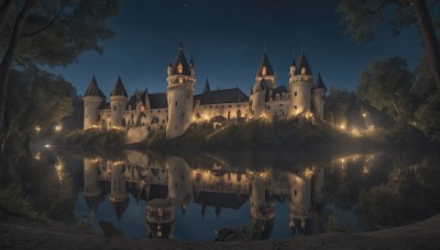 outdoors,sky,water,tree,no humans,night,building,star (sky),nature,night sky,scenery,starry sky,fantasy,castle,tower,forest,reflection,bridge