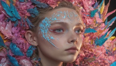 1girl,solo,blue eyes,blonde hair,brown hair,closed mouth,flower,lips,grey eyes,eyelashes,makeup,facial mark,looking away,feathers,looking up,black background,portrait,pink flower,eyeshadow,freckles,realistic,nose,looking afar,brown eyes,blurry,leaf,expressionless,close-up