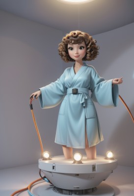 1girl,solo,looking at viewer,smile,short hair,brown hair,long sleeves,holding,brown eyes,closed mouth,standing,belt,indoors,wide sleeves,lips,science fiction,curly hair,robe,light,cable,spotlight,electric plug,bathrobe,breasts,collarbone,small breasts,nail polish,watermark,web address