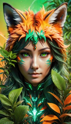 1girl,solo,long hair,looking at viewer,black hair,animal ears,jewelry,closed mouth,green eyes,earrings,green hair,artist name,cat ears,dark skin,lips,animal ear fluff,fox ears,eyelashes,makeup,glowing,leaf,watermark,facial mark,plant,slit pupils,gem,portrait,web address,freckles,nose,orange hair,glowing eyes,light particles,close-up,realistic