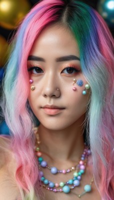 1girl,solo,long hair,looking at viewer,brown eyes,jewelry,closed mouth,blue hair,collarbone,pink hair,multicolored hair,necklace,blurry,black eyes,two-tone hair,lips,eyelashes,gradient hair,makeup,depth of field,blurry background,portrait,eyeshadow,freckles,beads,realistic,nose,pearl necklace,mascara,rainbow hair,artist name,watermark,wavy hair,piercing