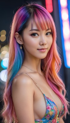 1girl,solo,long hair,breasts,looking at viewer,smile,bangs,cleavage,bare shoulders,brown eyes,jewelry,medium breasts,closed mouth,collarbone,swimsuit,upper body,pink hair,bikini,multicolored hair,earrings,necklace,blurry,from side,two-tone hair,lips,gradient hair,depth of field,blurry background,floral print,blue bikini,realistic,nose,black hair,blue hair,purple hair,small breasts,artist name,blunt bangs,black eyes,eyelashes,makeup,watermark,bikini top only,web address,print bikini,bokeh,mascara